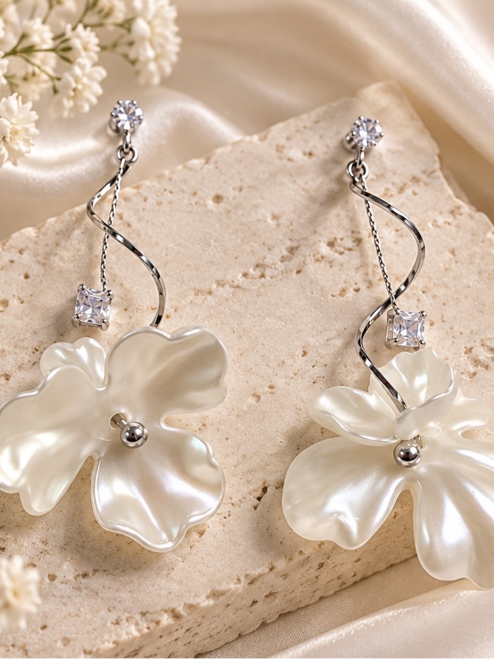 Pearl White Floral Drop Earrings - Elegant Women's Jewelry